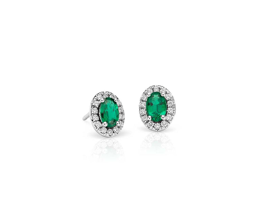 14k Oval Emerald And Diamond Halo Earrings
