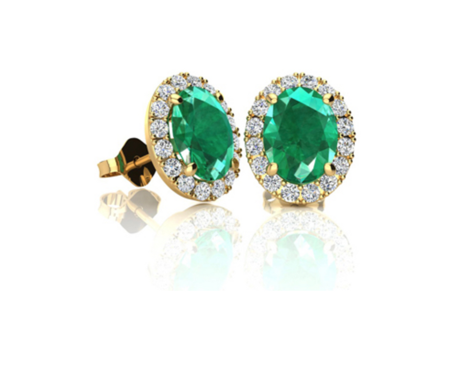 14k Oval Emerald And Diamond Halo Earrings