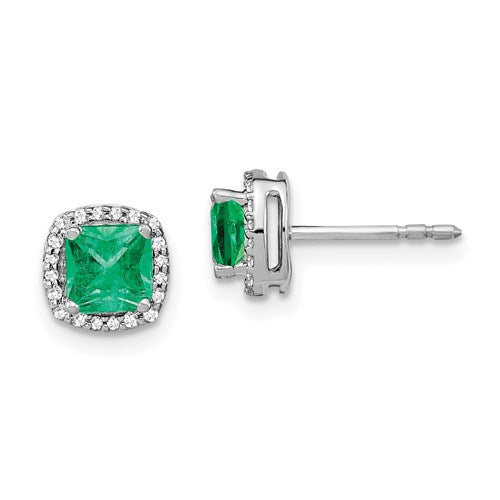 14K Cushion Emerald And Diamond Halo Earrings