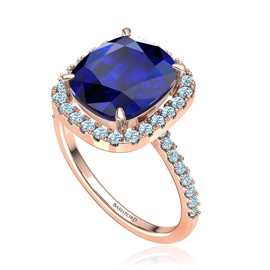 Blue Cushion Sapphire & Diamond Halo Ring