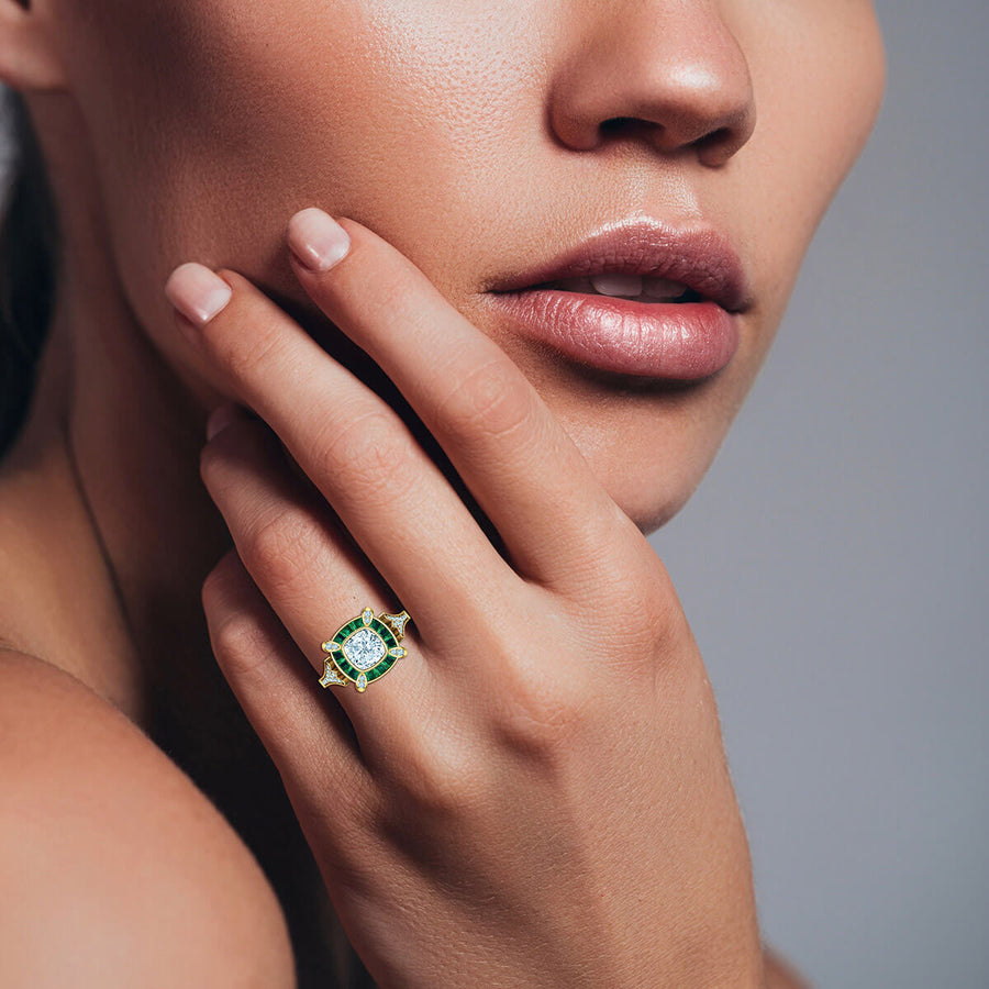 Cleopatra Diamond Ring with Emerald Accents