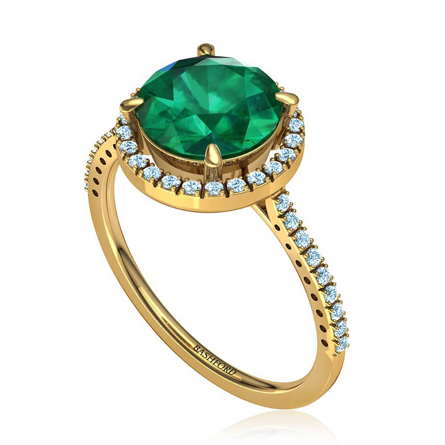 Round Green Emerald & Diamond Halo Ring