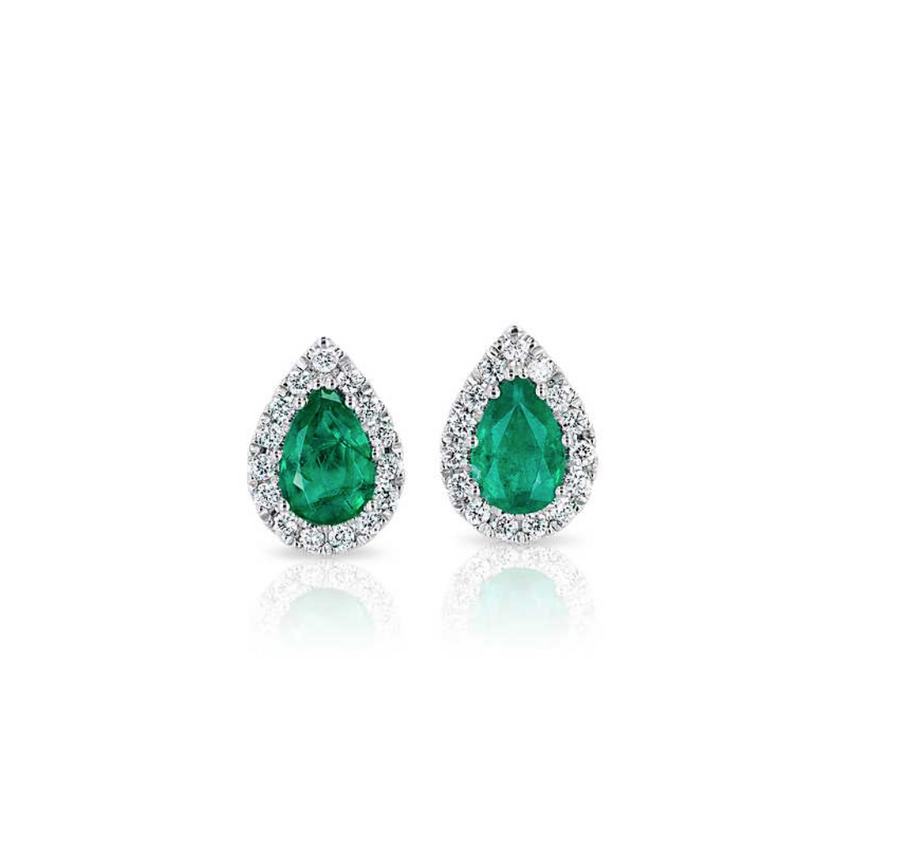 14K Pear Halo Emerald Stud Earrings