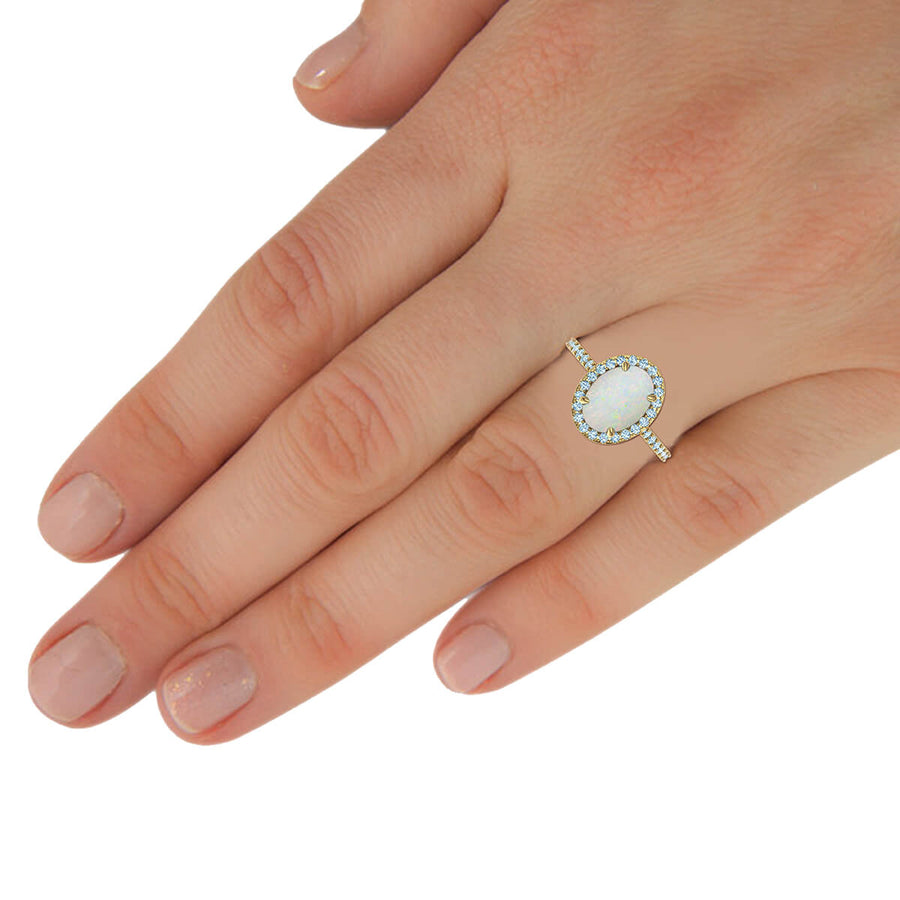 Oval White Opal and Diamond Halo Ring