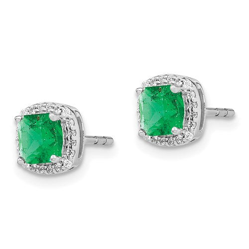 14K Cushion Emerald And Diamond Halo Earrings