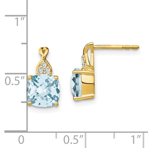 14K Checker-Cut Aquamarine And Diamond Earrings