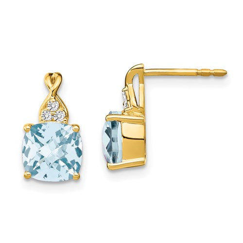 14K Checker-Cut Aquamarine And Diamond Earrings